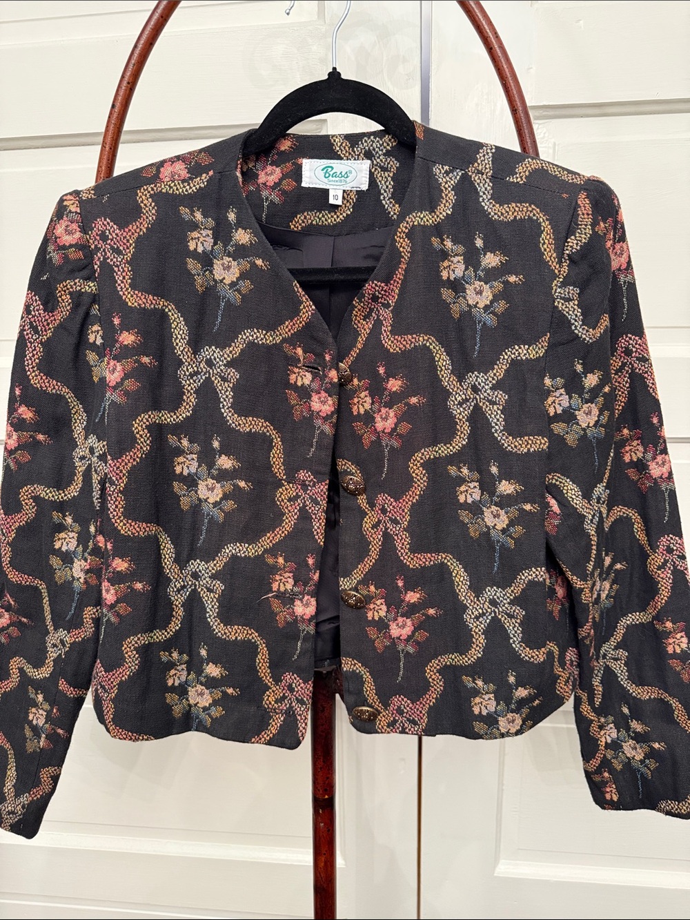 Vintage Bass Cropped Tapestry Jacket Floral Ribbon Cottagecore Blazer